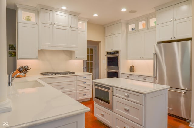 kitchen with dark wood-style floors, light countertops, a sink, and appliances with stainless steel finishes