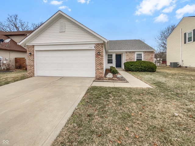 ranch-style house featuring driveway, brick siding, an attached garage, and a front lawn