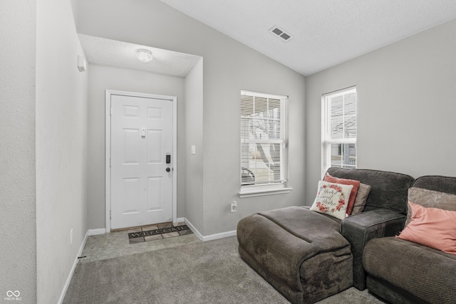 living area with visible vents, baseboards, vaulted ceiling, carpet flooring, and a textured ceiling