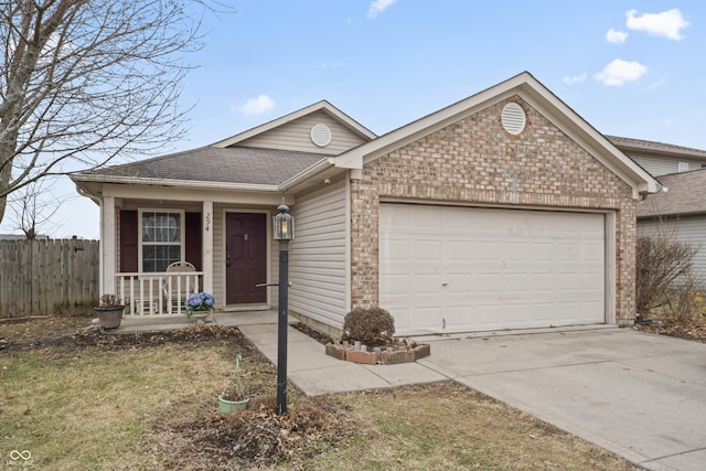 single story home with fence, driveway, a porch, an attached garage, and brick siding