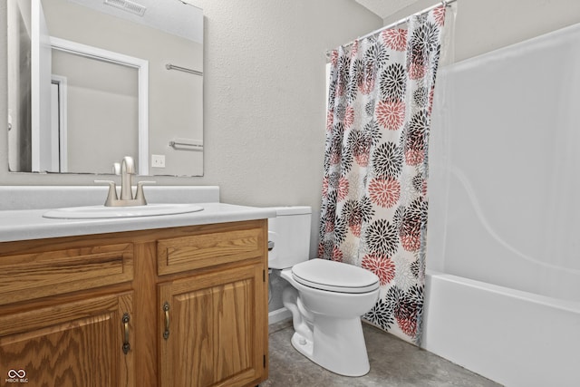 full bath with vanity, visible vents, shower / bath combo, toilet, and a textured wall