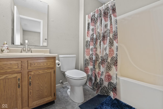 full bath with toilet, vanity, a textured wall, and shower / bathtub combination with curtain