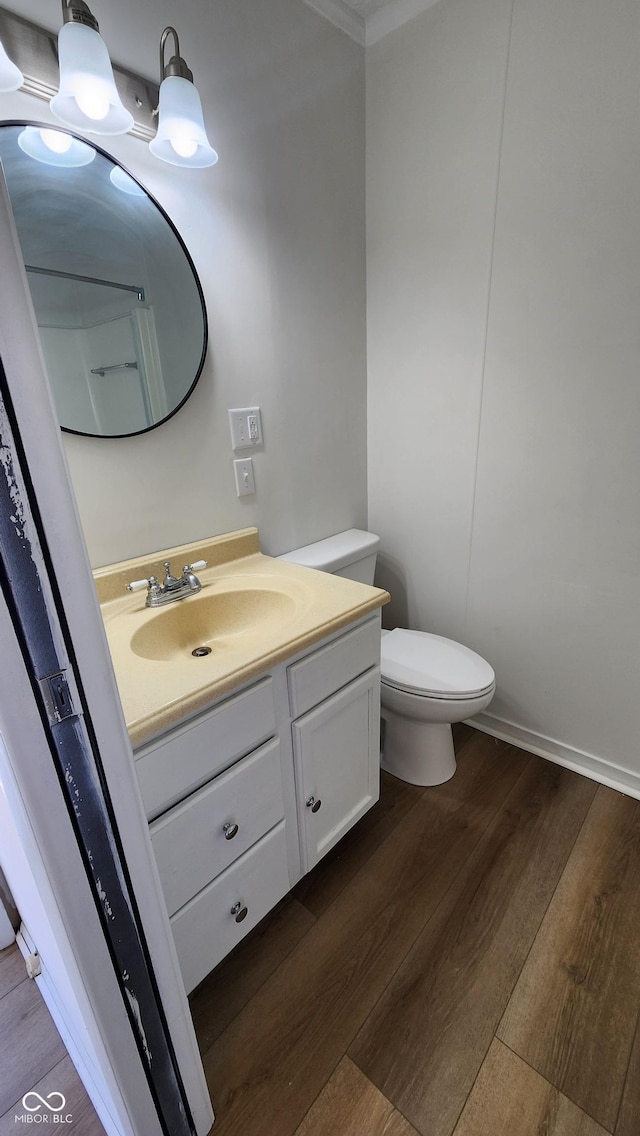 bathroom featuring toilet, wood finished floors, and vanity