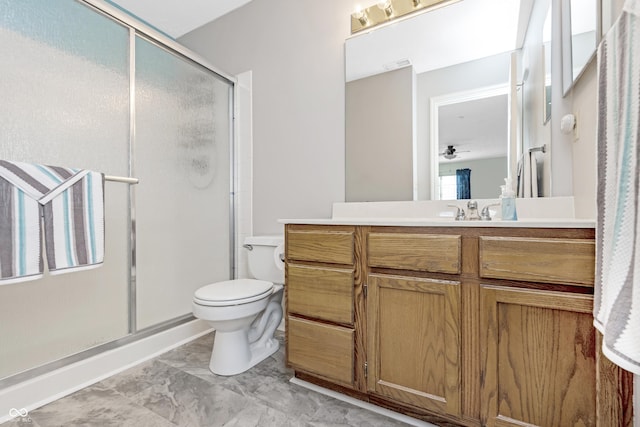 full bathroom featuring visible vents, vanity, toilet, and a shower stall