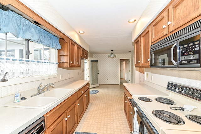 kitchen with dishwashing machine, wallpapered walls, a sink, white electric range, and brown cabinets