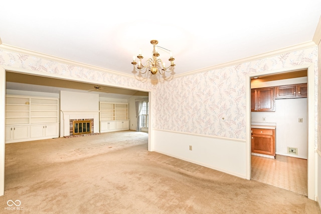 unfurnished living room with wallpapered walls, carpet floors, and ornamental molding