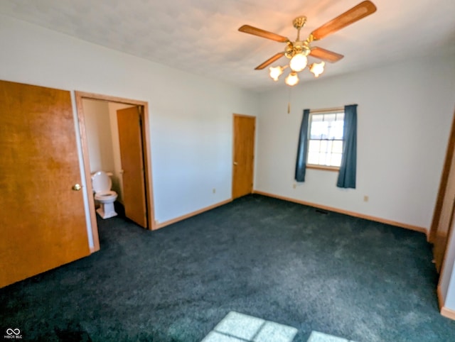 unfurnished bedroom with baseboards, ceiling fan, and dark carpet