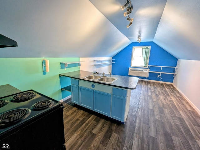 kitchen featuring dark countertops, black range with electric cooktop, lofted ceiling, dark wood-style floors, and a sink