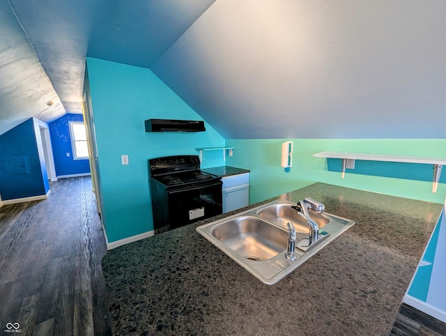 kitchen featuring extractor fan, vaulted ceiling, dark wood-style floors, black / electric stove, and a sink