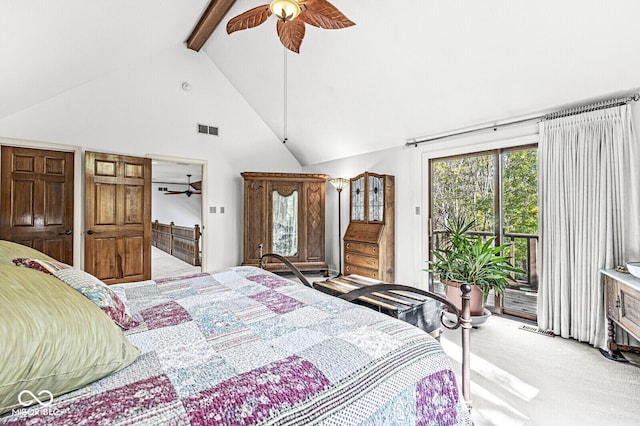 carpeted bedroom featuring access to exterior, visible vents, ceiling fan, beam ceiling, and high vaulted ceiling