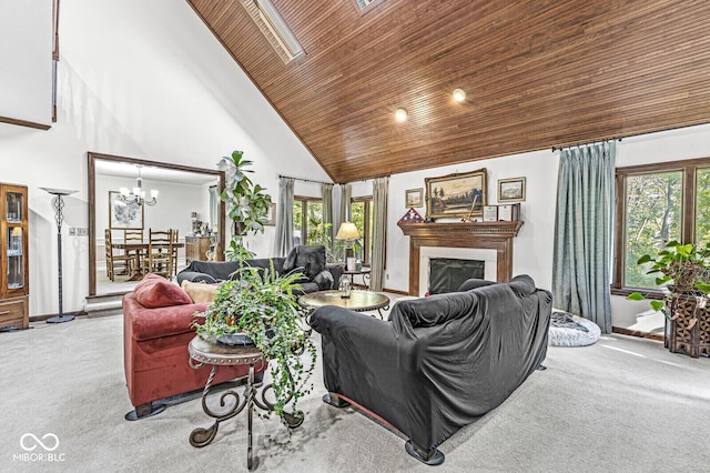 carpeted living area with a chandelier, a fireplace, high vaulted ceiling, and wooden ceiling