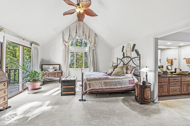 bedroom with access to exterior, connected bathroom, ceiling fan, carpet, and lofted ceiling