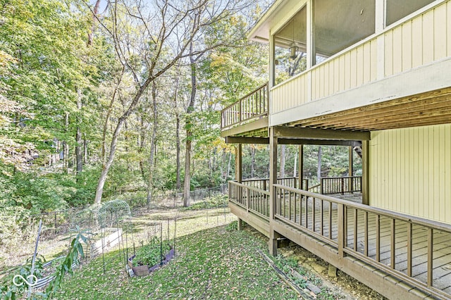 view of yard with a wooden deck and fence