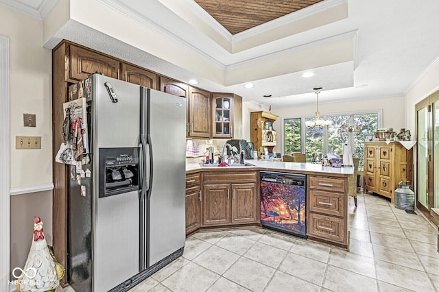 kitchen with stainless steel fridge with ice dispenser, black dishwasher, a peninsula, a raised ceiling, and a sink