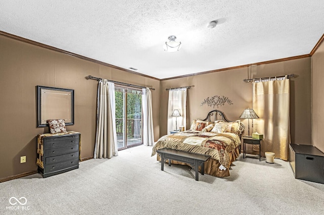 carpeted bedroom featuring access to exterior, visible vents, a textured ceiling, and ornamental molding