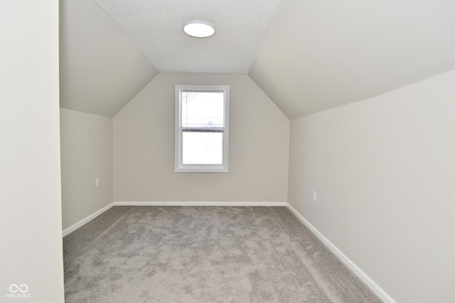 additional living space featuring lofted ceiling, carpet flooring, baseboards, and a textured ceiling