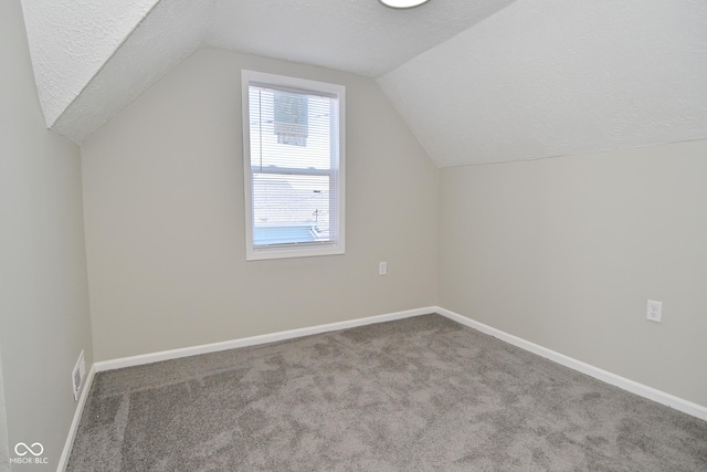 additional living space with lofted ceiling, baseboards, a textured ceiling, and carpet floors