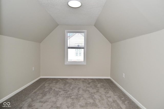 additional living space with vaulted ceiling, a textured ceiling, baseboards, and carpet floors