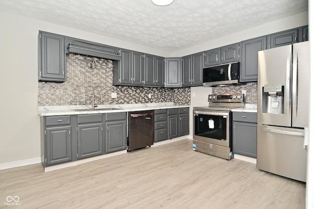 kitchen featuring light wood finished floors, a sink, gray cabinetry, light countertops, and stainless steel appliances