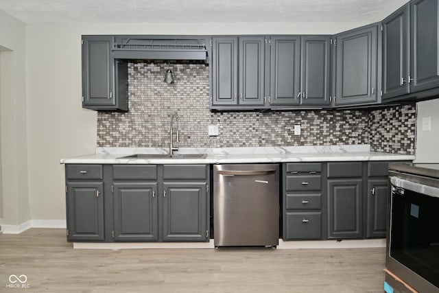 kitchen featuring dishwasher, gray cabinets, and a sink