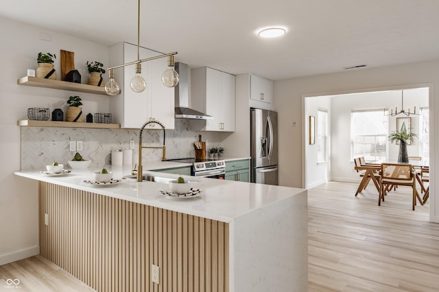 kitchen with visible vents, decorative backsplash, a peninsula, stainless steel appliances, and wall chimney exhaust hood