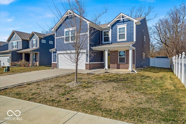 view of front facade featuring fence, an attached garage, brick siding, concrete driveway, and board and batten siding