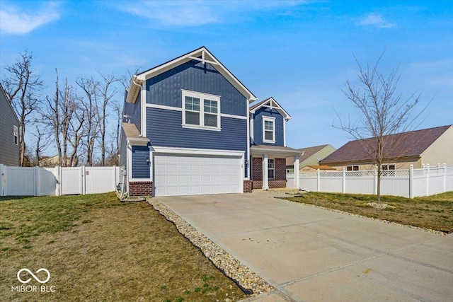 craftsman-style home with fence, driveway, a front lawn, a garage, and brick siding