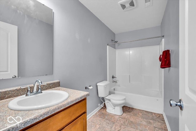 bathroom with visible vents, toilet, baseboards, bathing tub / shower combination, and vanity