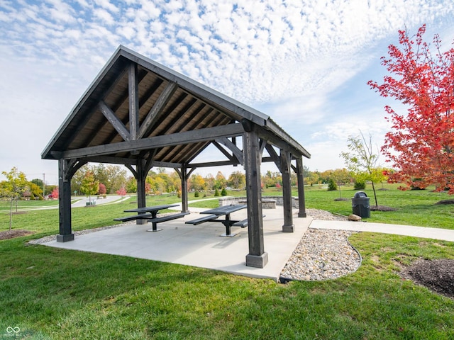 view of community with a gazebo and a lawn