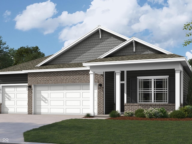 view of front facade with brick siding, a shingled roof, concrete driveway, a front yard, and an attached garage