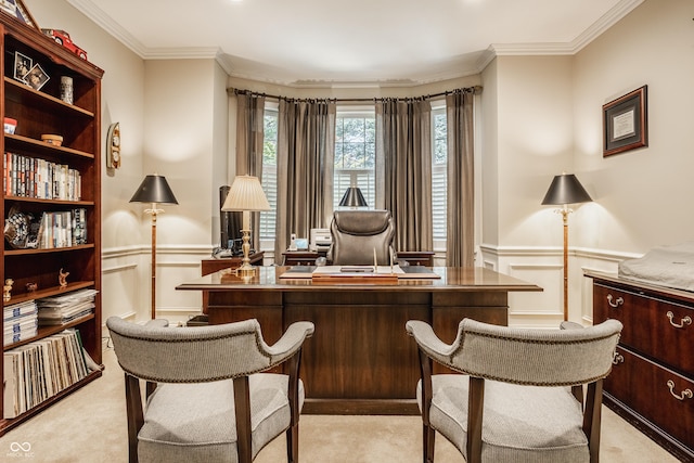 office space featuring light carpet, wainscoting, and crown molding