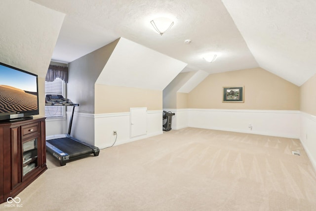 bonus room with lofted ceiling, carpet floors, and a textured ceiling