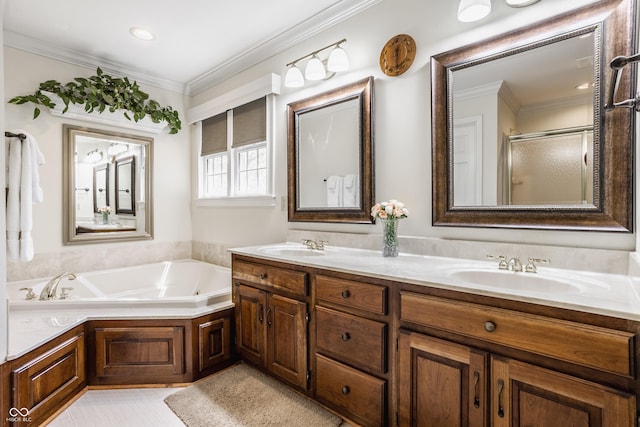 bathroom featuring double vanity, a sink, an enclosed shower, crown molding, and a bath