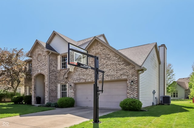 view of front of property with concrete driveway, brick siding, central AC, and a front lawn