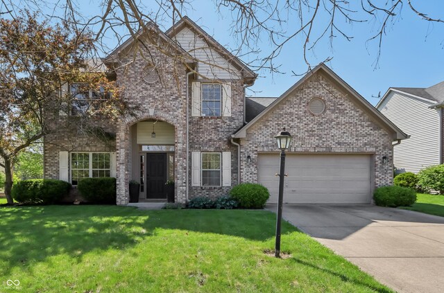 view of front of house featuring concrete driveway, brick siding, an attached garage, and a front lawn