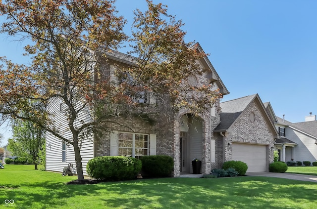 view of front facade featuring driveway, brick siding, a front lawn, an attached garage, and a shingled roof