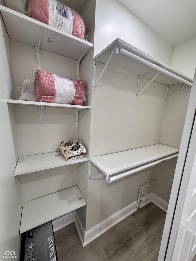 walk in closet with wood finished floors