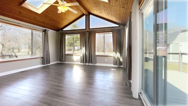 unfurnished sunroom with lofted ceiling with skylight, wood ceiling, and visible vents