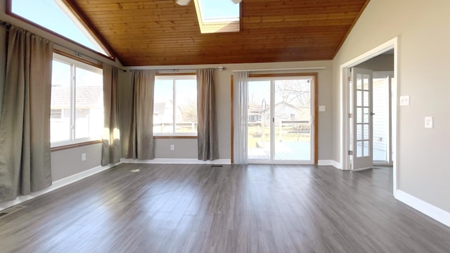 interior space featuring plenty of natural light, dark wood-type flooring, wooden ceiling, and lofted ceiling with skylight