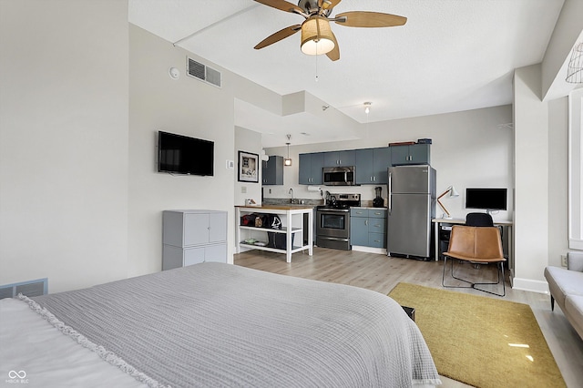 bedroom with visible vents, baseboards, ceiling fan, light wood-style flooring, and freestanding refrigerator