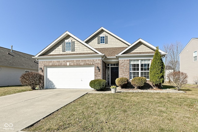 view of front facade featuring brick siding, a garage, driveway, and a front lawn