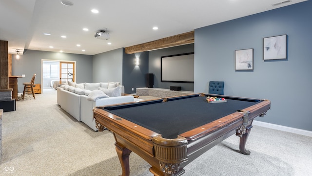 game room with light carpet, visible vents, recessed lighting, and baseboards