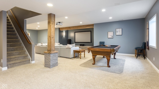 recreation room featuring recessed lighting, light colored carpet, and billiards