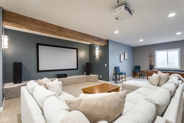 home theater featuring beamed ceiling, recessed lighting, baseboards, and light carpet