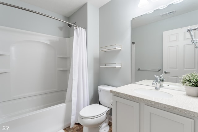 full bathroom featuring vanity, shower / bath combination with curtain, toilet, and visible vents