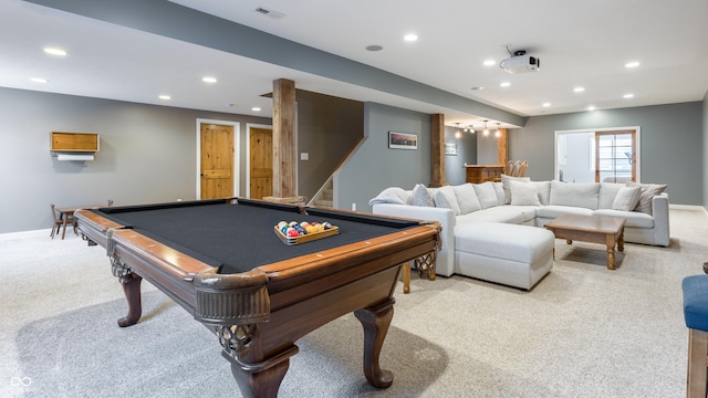 recreation room featuring recessed lighting, visible vents, baseboards, and carpet