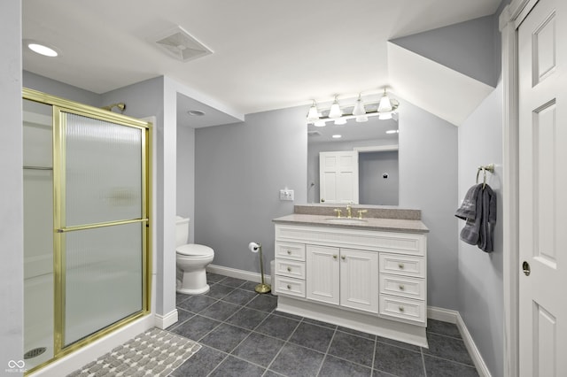 bathroom with visible vents, baseboards, toilet, and a shower stall