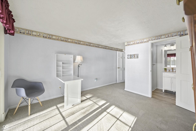 interior space with carpet flooring, baseboards, and a textured ceiling