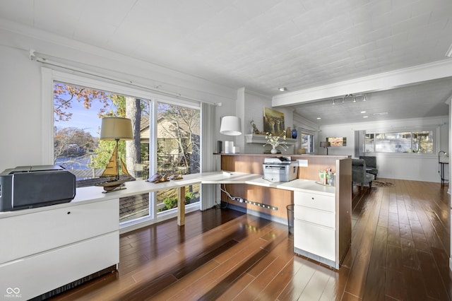 kitchen featuring a peninsula, dark wood-style floors, open floor plan, and ornamental molding