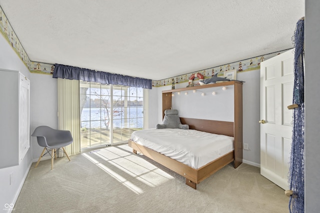 bedroom with baseboards, carpet floors, a textured ceiling, and access to exterior